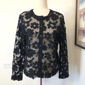 VTG Analogy Black Lace Blouse Floral Sheer Button Gothic Romantic Witchy 90s L